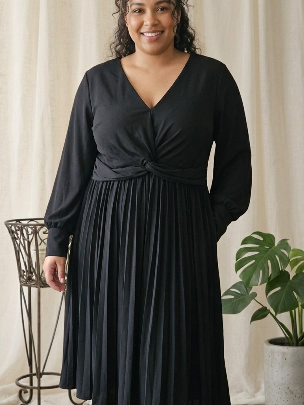 ELOQUII Black Twist-Front Pleated Midi Dress Long Sleeve V-Neck Plus Size - Picture 1 of 13